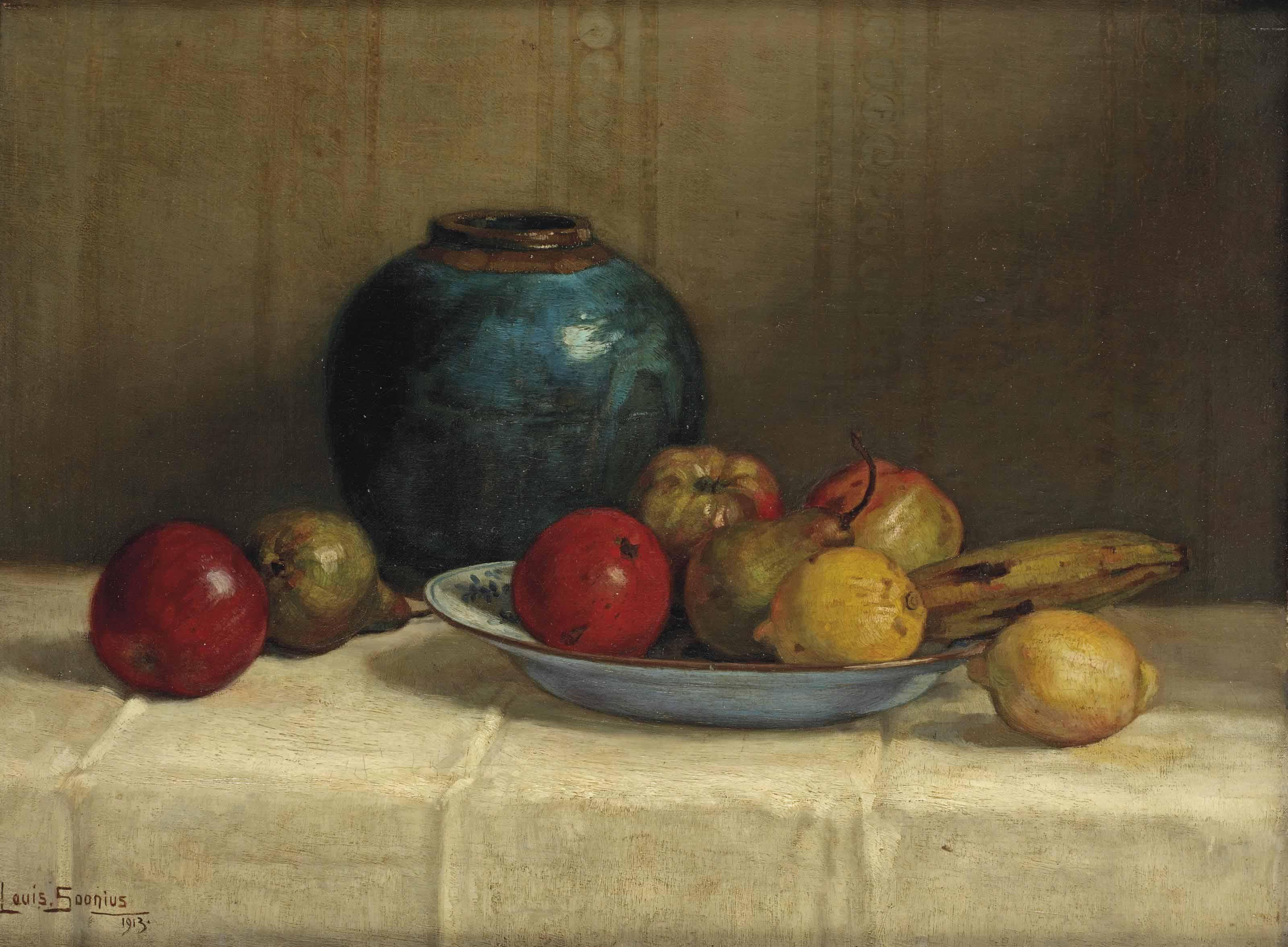 Louis Soonius - Fruits on a blue dish