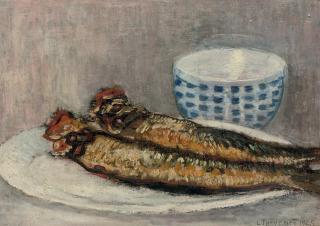 Louis Thevenet - Les Harengs: a still life with herrings and a bowl