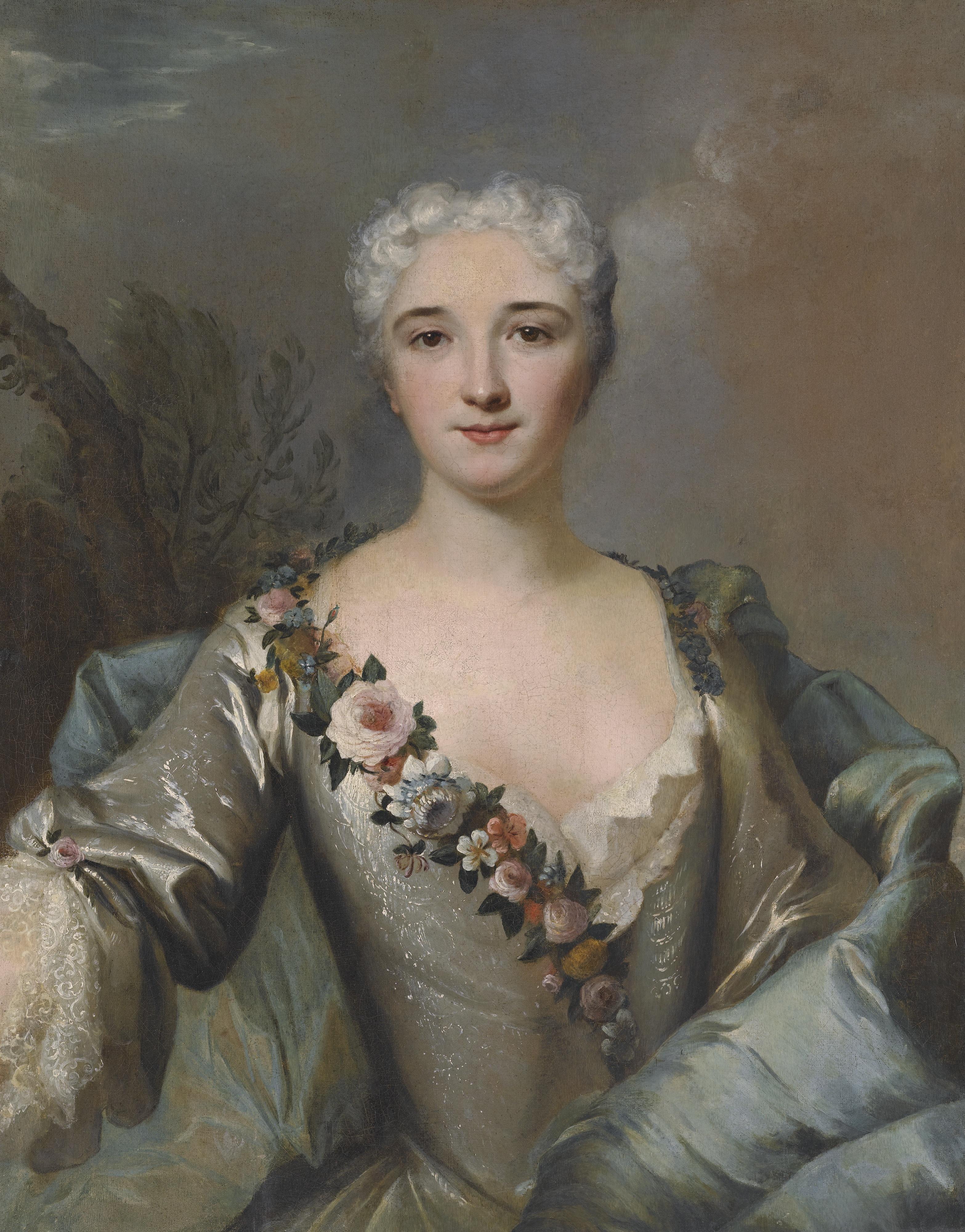 Louis Tocqué - Portrait Of A Lady, Half Length In A Landscape, Wearing A Silver Dress With A Floral Wreath