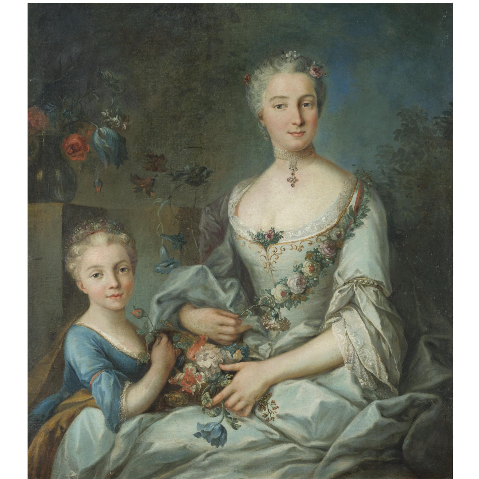 Louis Tocqué - Portrait Of A Lady Seated With Her Daughter, Three-Quarter Length, Wearing A White Silk Dress Holding Flowers