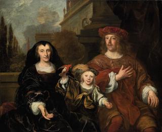 Louis Vallée - A family portrait of a an elderly woman with her son and grandson, three-quarter length, seated, on a palatial balcony