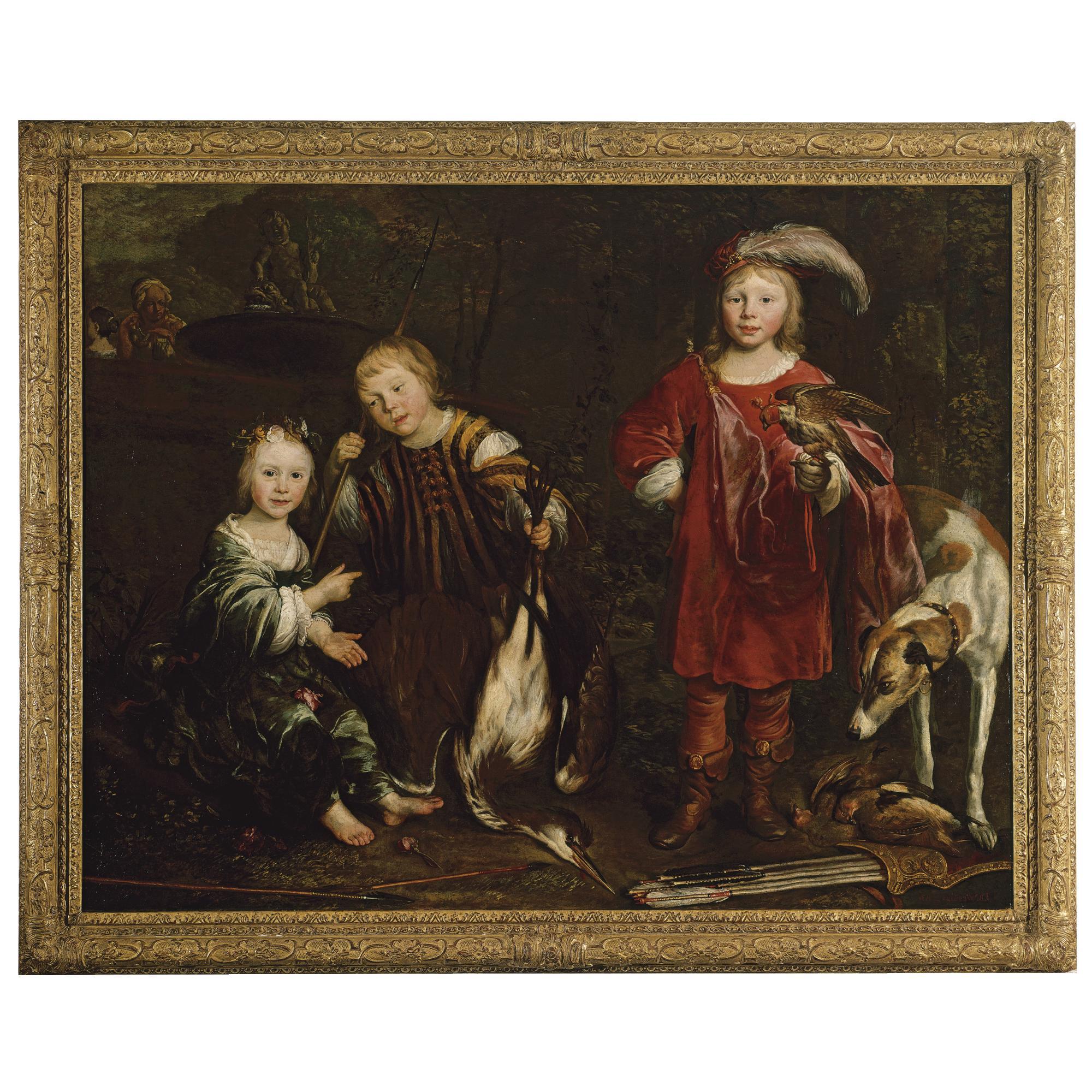 Louis Vallée - A Portrait Of Three Children, Full Length, Resting After The Hunt