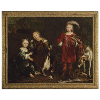 Louis Vallée - A Portrait Of Three Children, Full Length, Resting After The Hunt