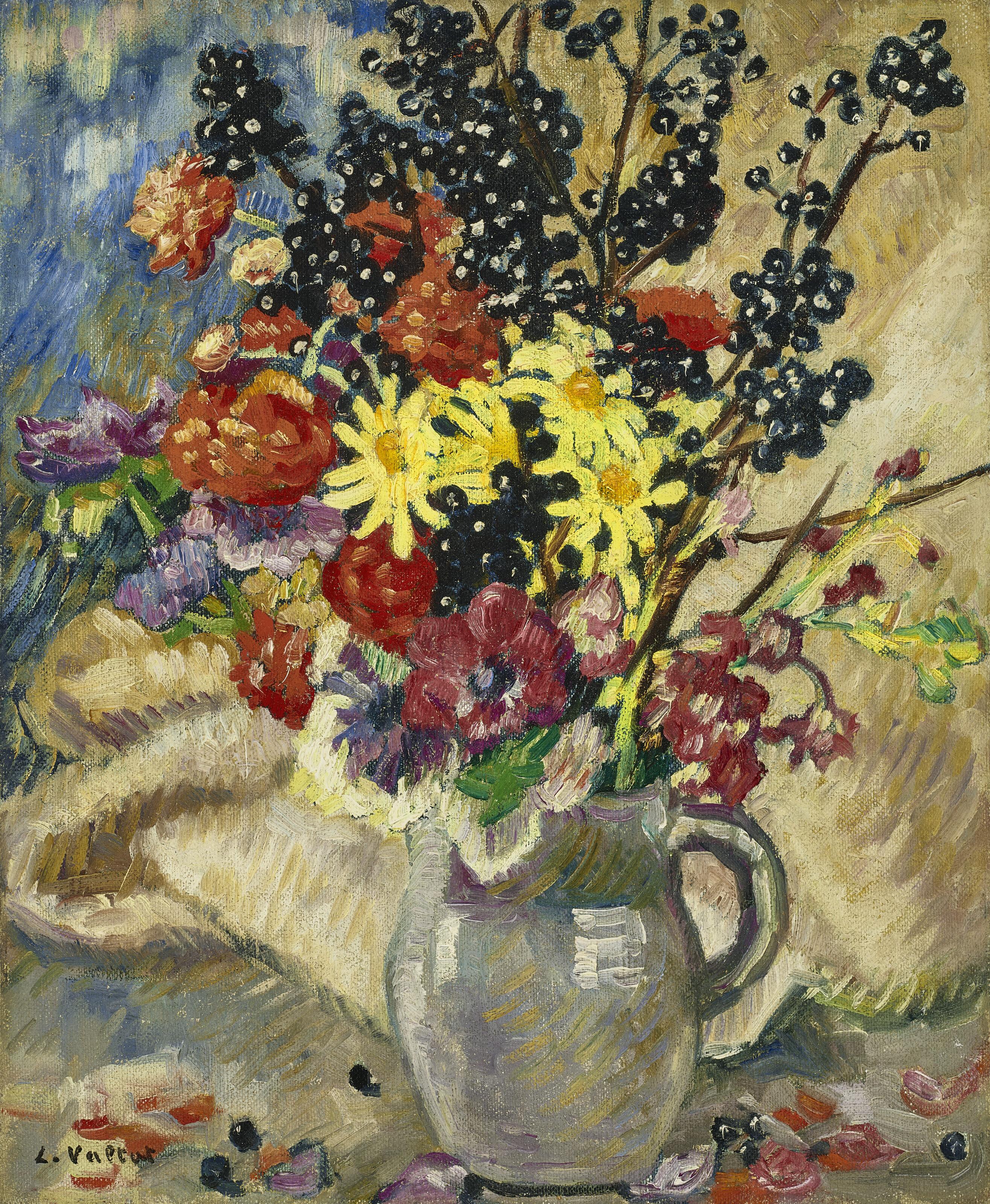 Louis Valtat - Bouquet aux branches de cassissier dans pichet brun