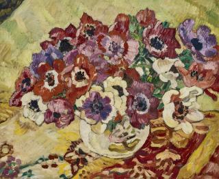 Louis Valtat - Bouquet d\'anémones au vase à l\'oiseau sur fond jaune