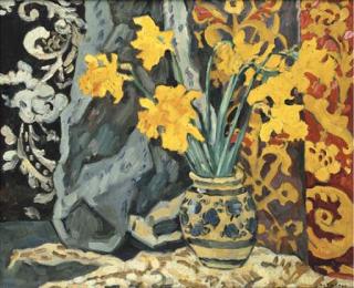 Louis Valtat - Bouquet de jonquilles devant une tapisserie