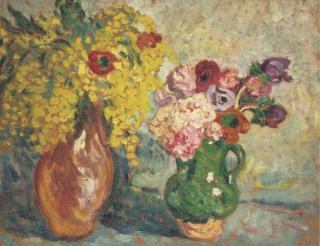 Louis Valtat - Mimosas dans un pot vert, anémones dans un vase