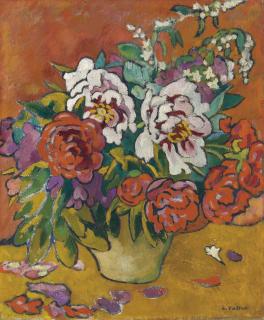 Louis Valtat - Pivoines, cruche beige fond rouge