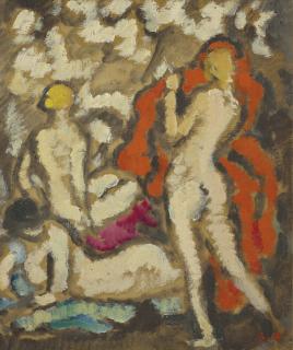 Louis Valtat - Trois jeunes femmes nues à la draperie rouge