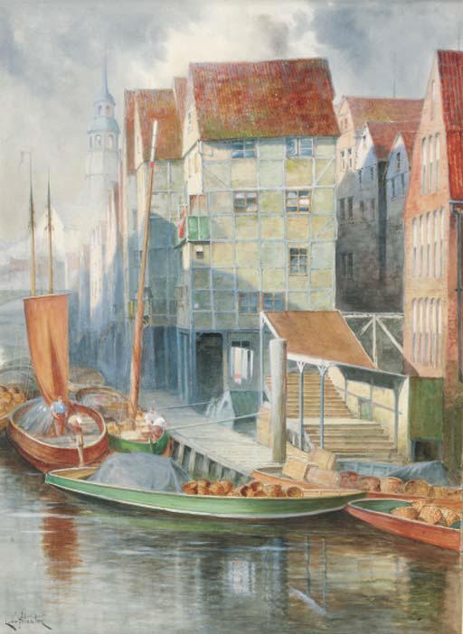 Louis van Staaten - Figures on barges in a Dutch port; and A Dutch canal scene