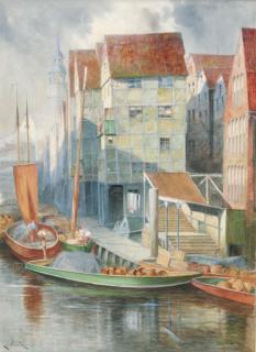 Louis van Staaten - Figures on barges in a Dutch port; and A Dutch canal scene