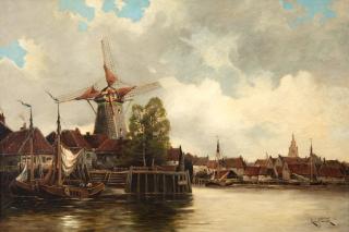 Louis van Staaten - Harbour of Spakenburg framed 65.0 x 90.0 x 4.5 cm (25 1/2 x 35 7/16 x 1 3/4 in).