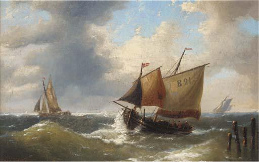 Louis Verboeckhoven - A Boulogne lugger offshore in a swell
