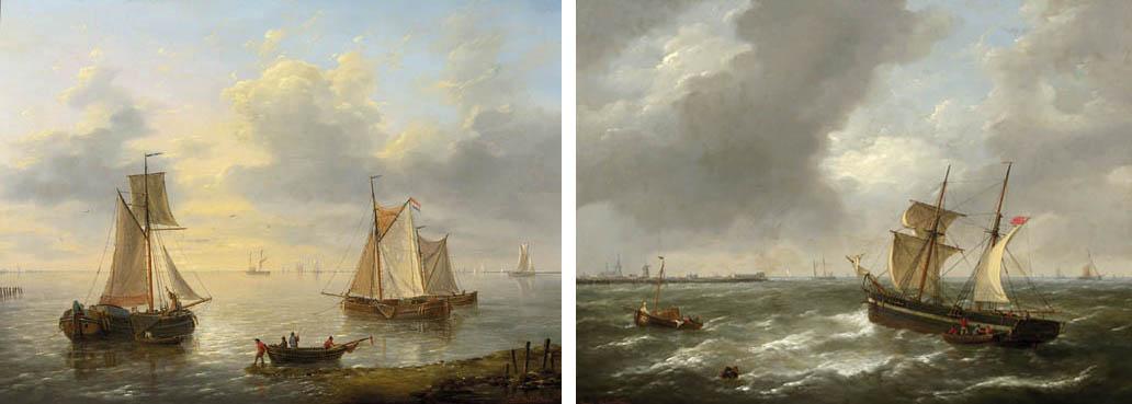 Louis Verboeckhoven - A Calm: Sailingvessels In An Estuary At Dusk ; A Storm: Sailing Vessels Approaching A Harbour