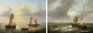 Louis Verboeckhoven - A Calm: Sailingvessels In An Estuary At Dusk ; A Storm: Sailing Vessels Approaching A Harbour