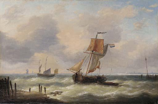 Louis Verboeckhoven - A Dutch barge riding at her anchor in a swell off the coast