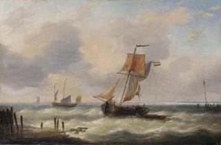 Louis Verboeckhoven - A Dutch barge riding at her anchor in a swell off the coast