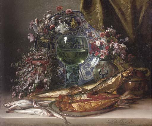 Louis Verboeckhoven - Fish on a platter, vases of summer blooms, a goblet of wine before a salver and a drape