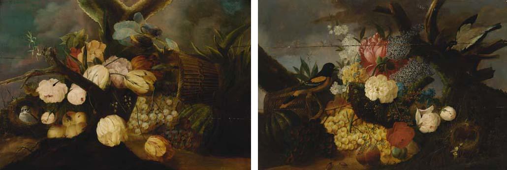 Louis Vidal - An upturned basket with roses, tulips, grapes and a birds nest on a bank; and Roses, tulips, other flowers and fruit spilling from a basket, with cockchaffers, a golden oriole and another bird near by