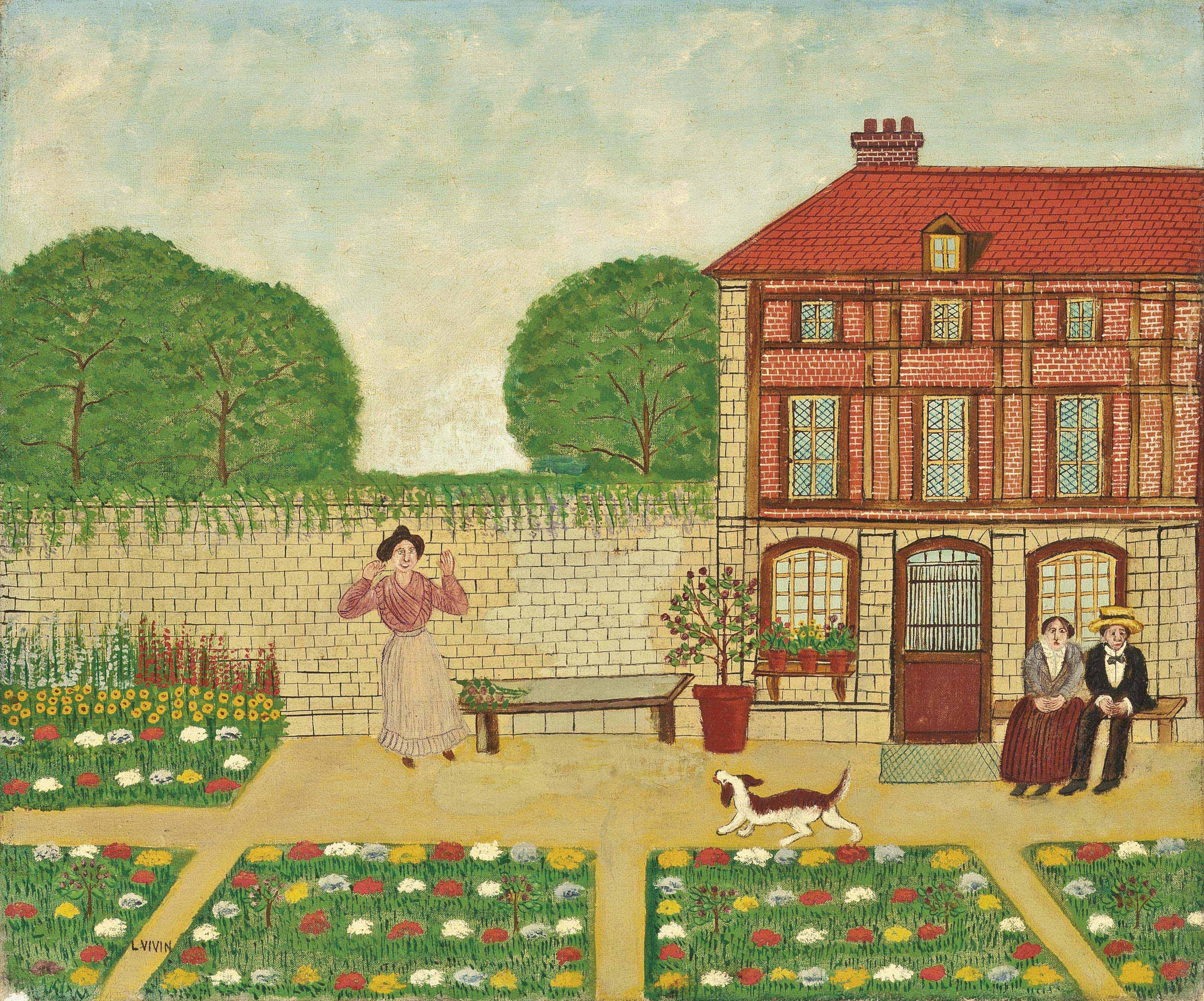 Louis Vivin - Trois personnages avec un chien