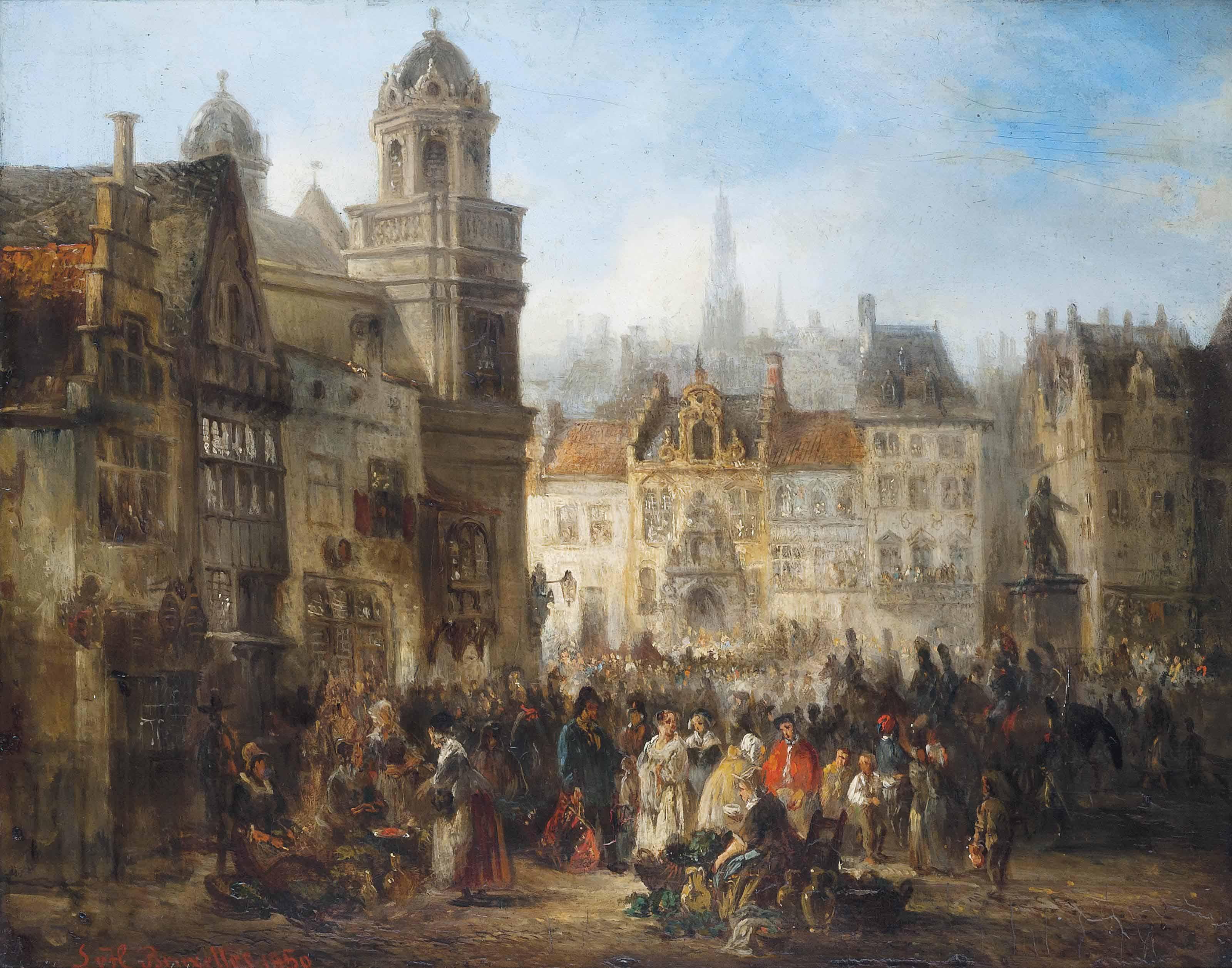 Louis von Hagn - Market Day In A Brussels Square
