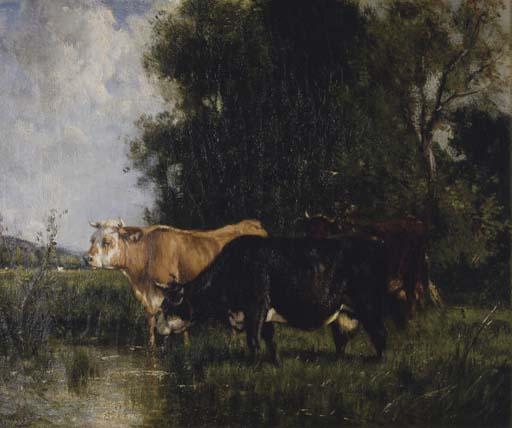 Louis Watelin - Cattle Watering By A Pond