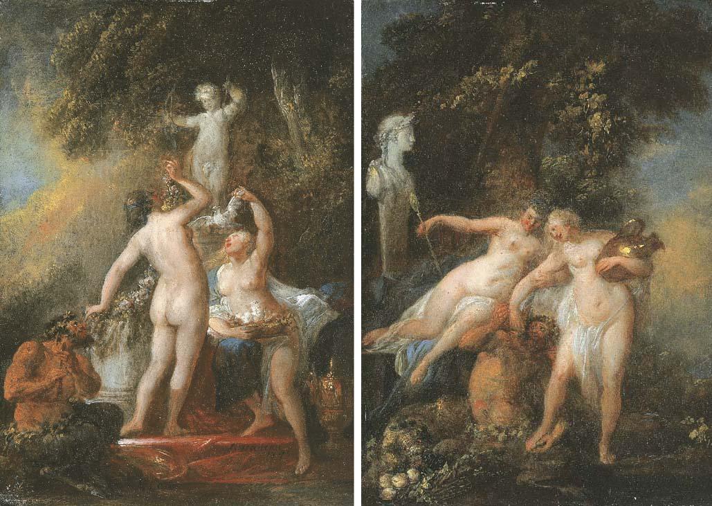 Louis Watteau - Deux bacchantes et un satyre offrant des colombes à une statue de l\'Amour; et Deux bacchantes donnant à boire à un satyre au pied d\'une statue