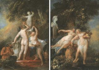 Louis Watteau - Deux bacchantes et un satyre offrant des colombes à une statue de l\'Amour; et Deux bacchantes donnant à boire à un satyre au pied d\'une statue