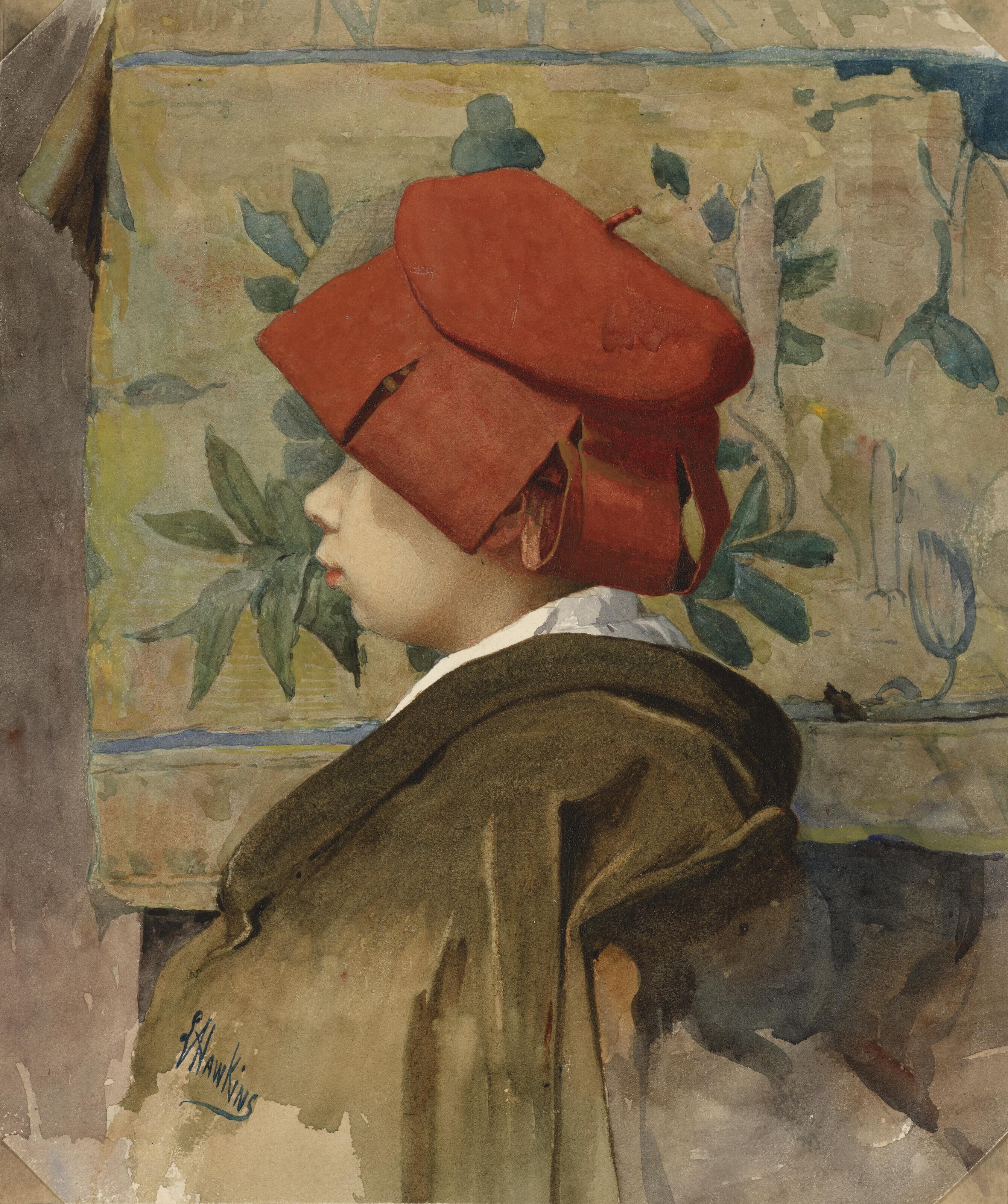 Louis Welden Hawkins - Jeune fille de profil à la coiffe rouge