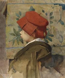 Louis Welden Hawkins - Jeune fille de profil à la coiffe rouge