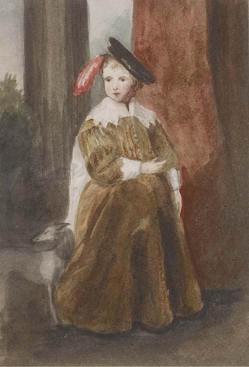 Louisa, Marchioness Of Waterford - Portrait Of A Boy, Small Full-Length, In A Brown Dress, By A Greyhound