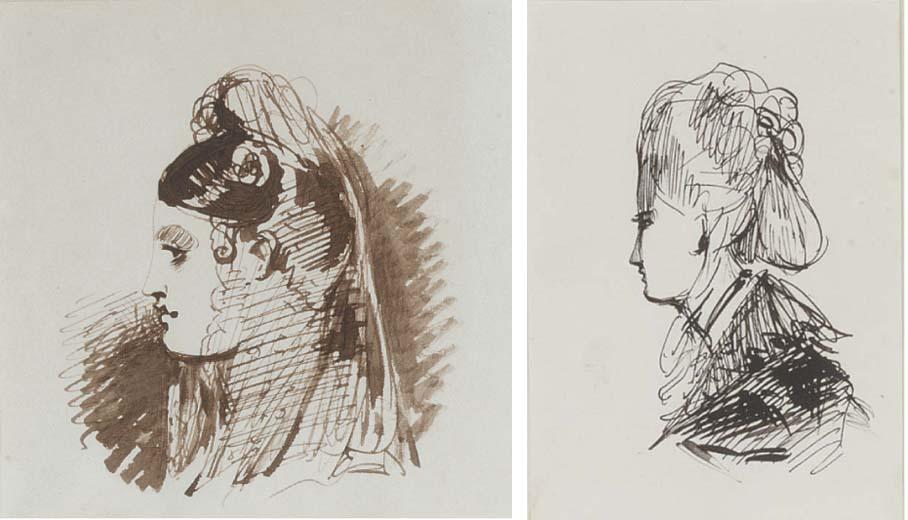 Louisa, Marchioness Of Waterford - Portrait Of A Lady, Shoulder-Length, In Profile To The Left, In Lace Headdress; And Portrait Of A Lady, Bust-Length, In Profile To The Left, Her Hair Upswept