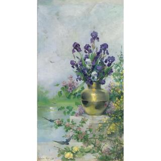 Louise Abbéma - A Vase Of Irises On The Terrace