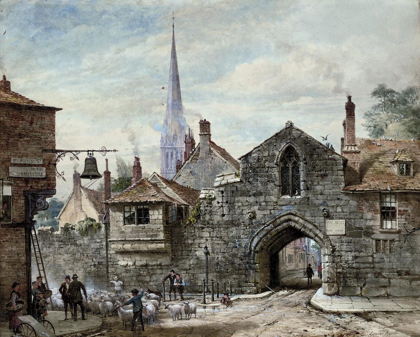 Louise Ingram Rayner - Herding sheep past the gateway to the Close, Salisbury
