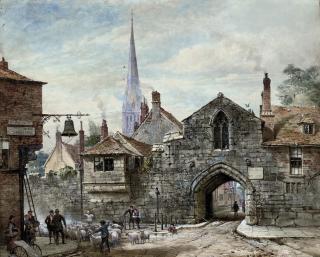 Louise Ingram Rayner - Herding sheep past the gateway to the Close, Salisbury