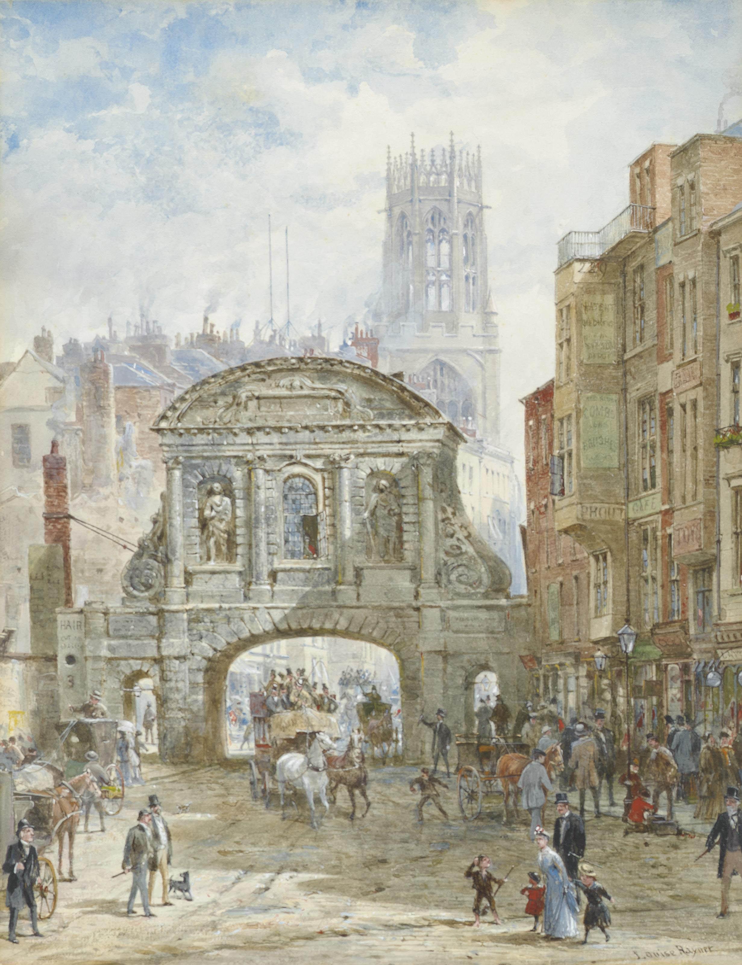 Louise J. Rayner - Horse-drawn carriages and figures before Temple Bar, London