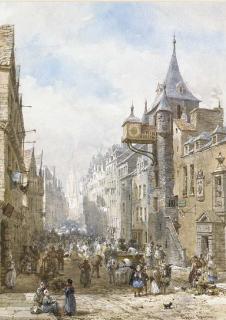 Louise J. Rayner - The Canongate Tolbooth looking up the Royal Mile towards the Castle from Holyrood Palace