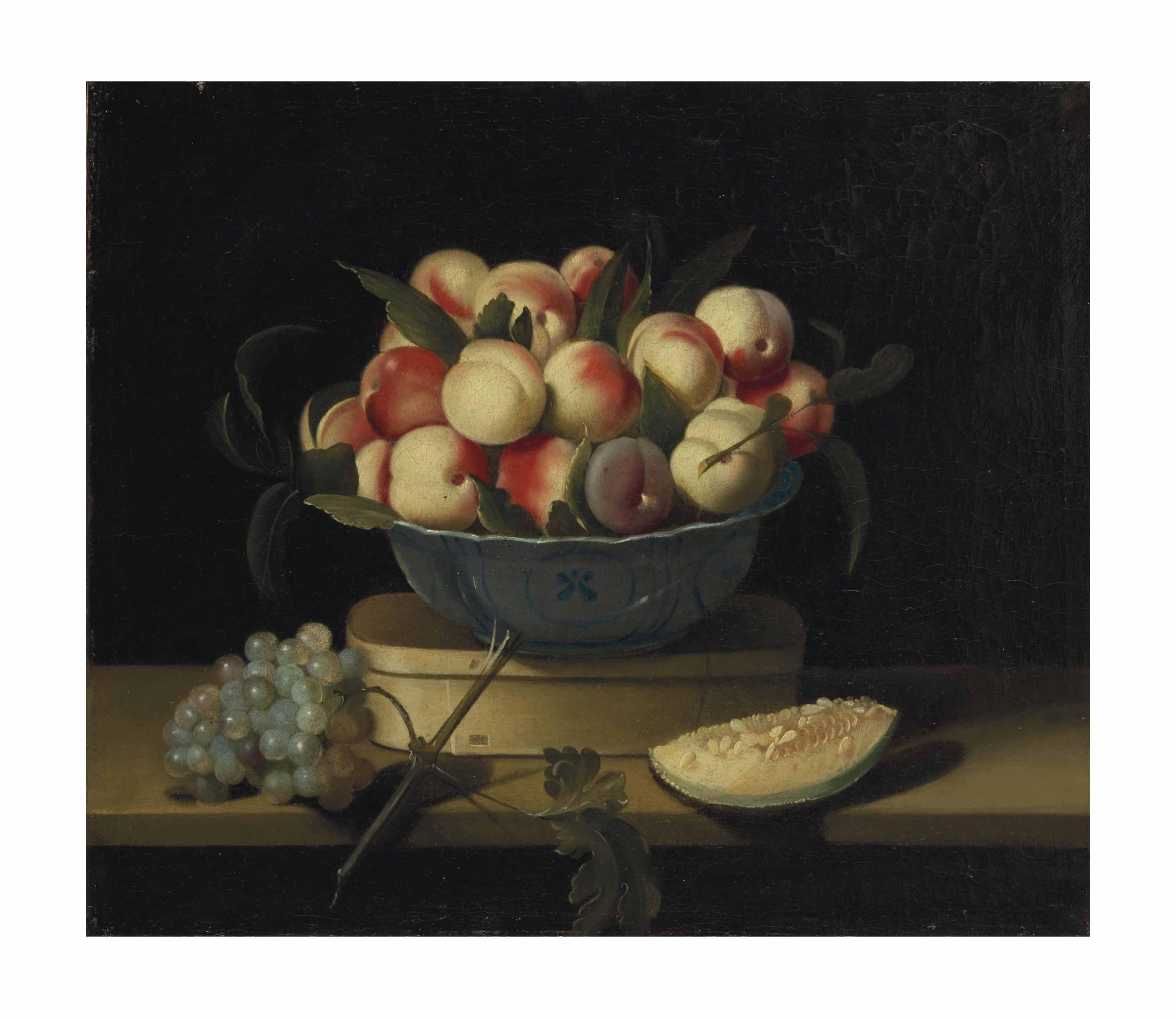 Louise Moillon - Coupe de pêches, boîte de copeaux, grappe de raisins et tranche de melon