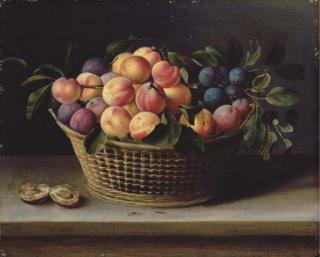 Louise Moillon - Peaches and plums in a basket with a halved plum on a wooden ledge