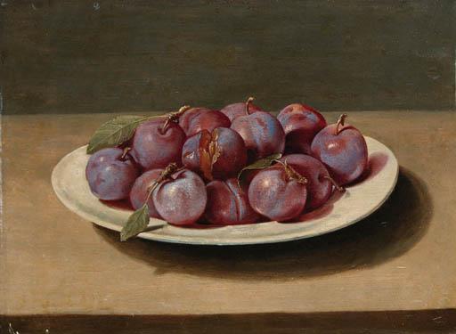 Louise Moillon - Plums on a white dish on a table