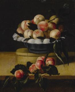 Louise Moillon - Still Life Of A Peaches In A Bowl Standing On A Wooden Box On A Ledge, An Apricot Branch Resting In The Foreground