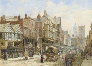Louise Rayner - Bridge Street, Chester, with St. Peter\'s Church and Chester Town Hall in the background