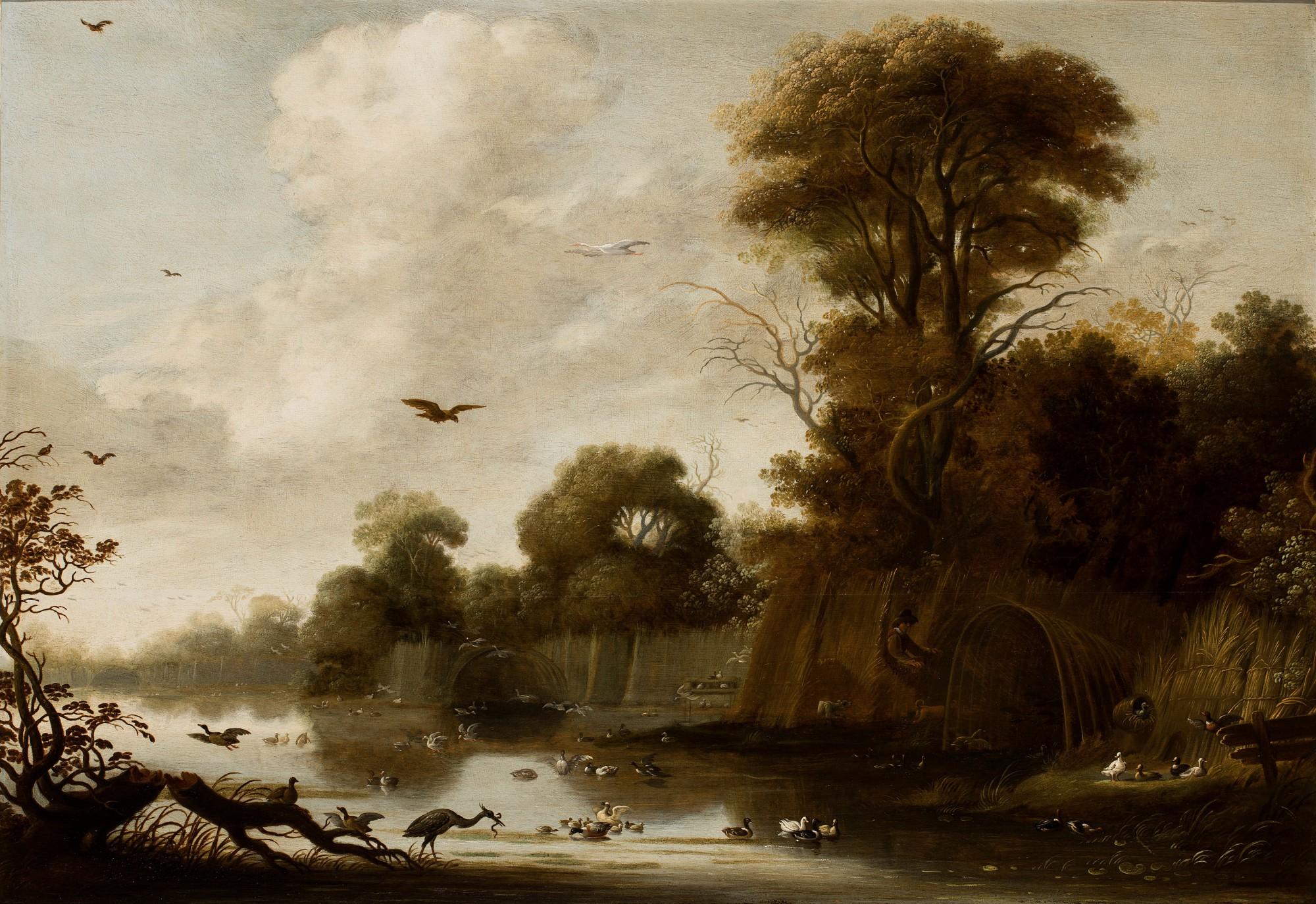 Louwijs Aernoutsz. Elsevier - Lake landscape with duck decoys, herons and other waterfowl