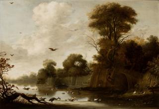 Louwijs Aernoutsz. Elsevier - Lake landscape with duck decoys, herons and other waterfowl