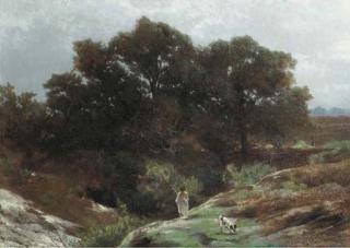 Louwrens Hanedoes - A shepherd on a sunlit heath, Barbizon (?)