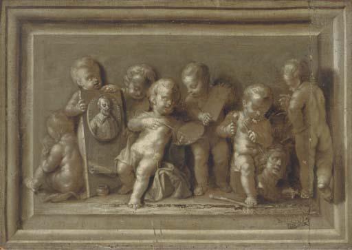 Louwys-Aernouts Elsevier - An Allegory Of Art: Putti Disporting With A Portrait Of The Artist, En Grisaille