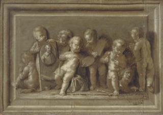 Louwys-Aernouts Elsevier - An Allegory Of Art: Putti Disporting With A Portrait Of The Artist, En Grisaille