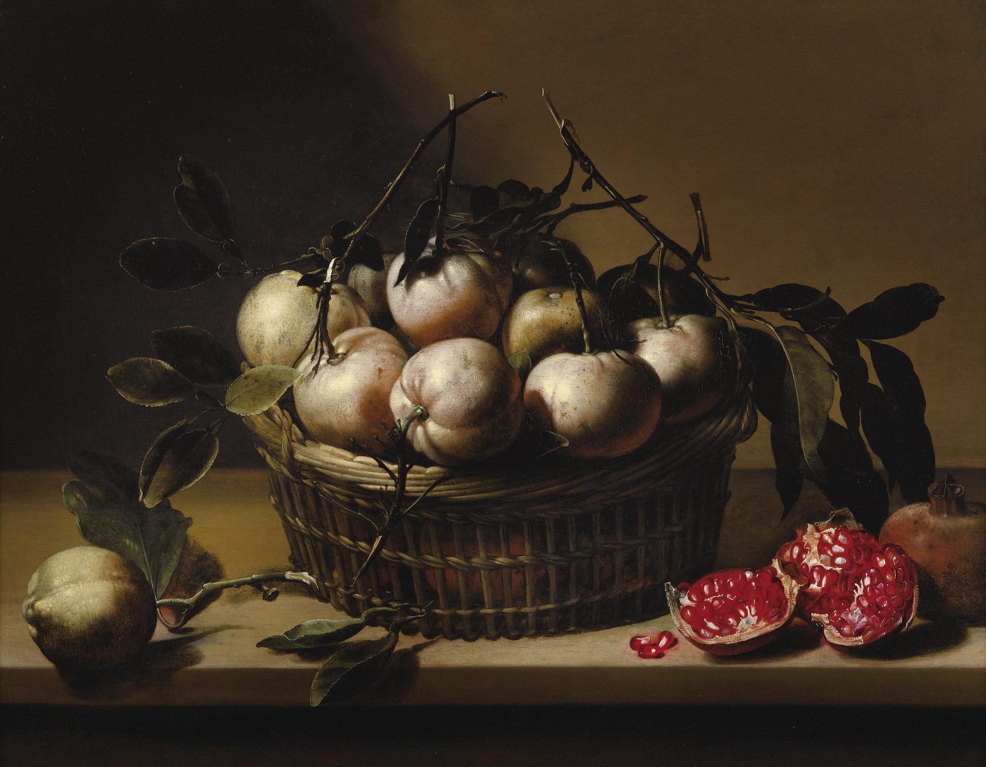 Louyse Moillon - Nature Morte Au Panier De Bigarades Et Grenades Sur Un Entablement