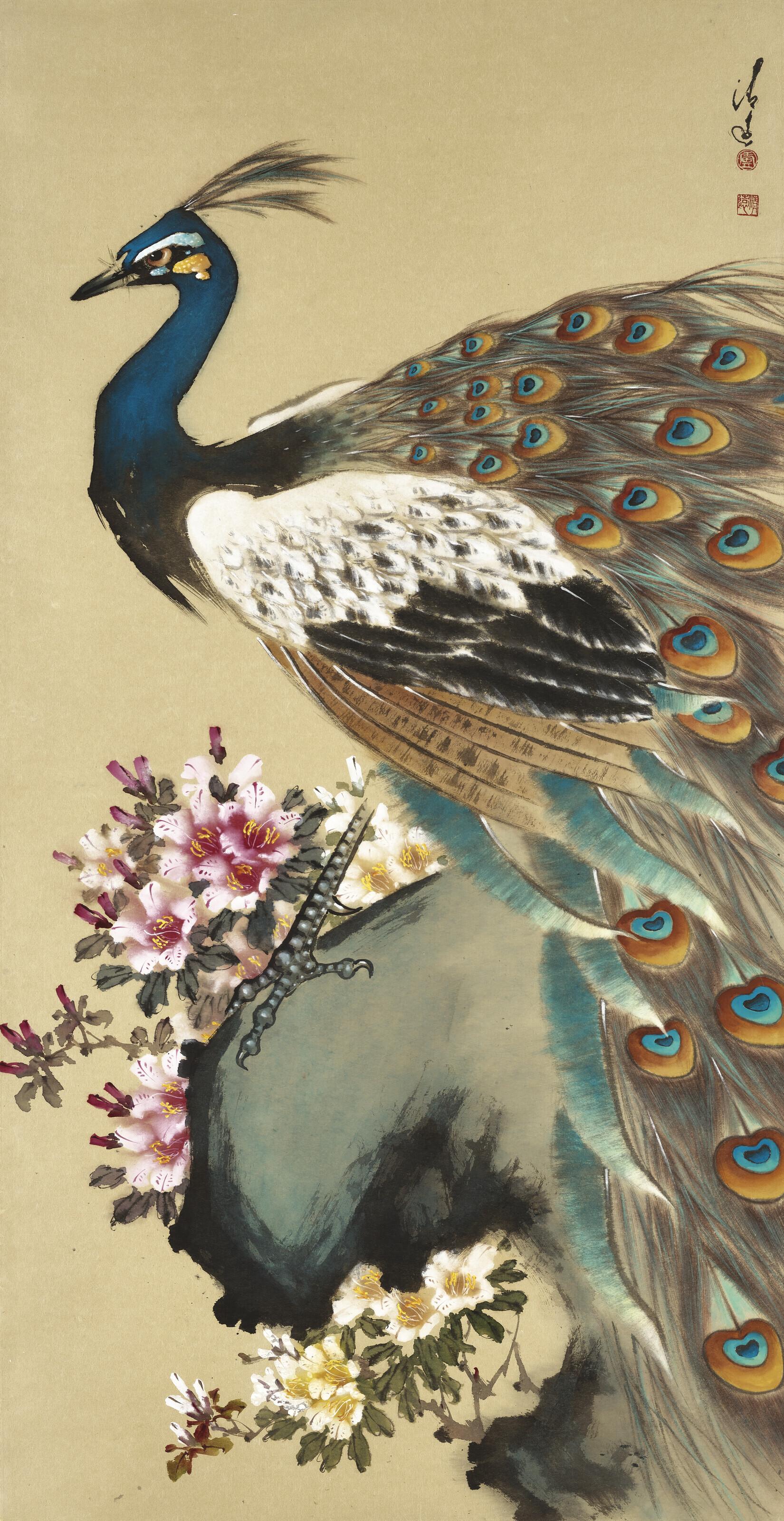 Lu Qingyuan - Peacock and Azaleas