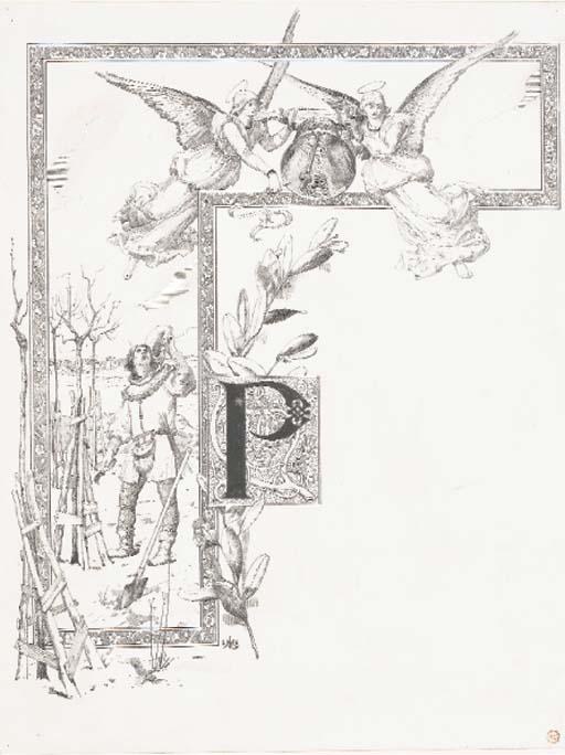 Luc-Olivier Merson - La lettre P encadrée, avec un fermier regardant vers deux anges sonnant une cloche: une étude pour une enluminure